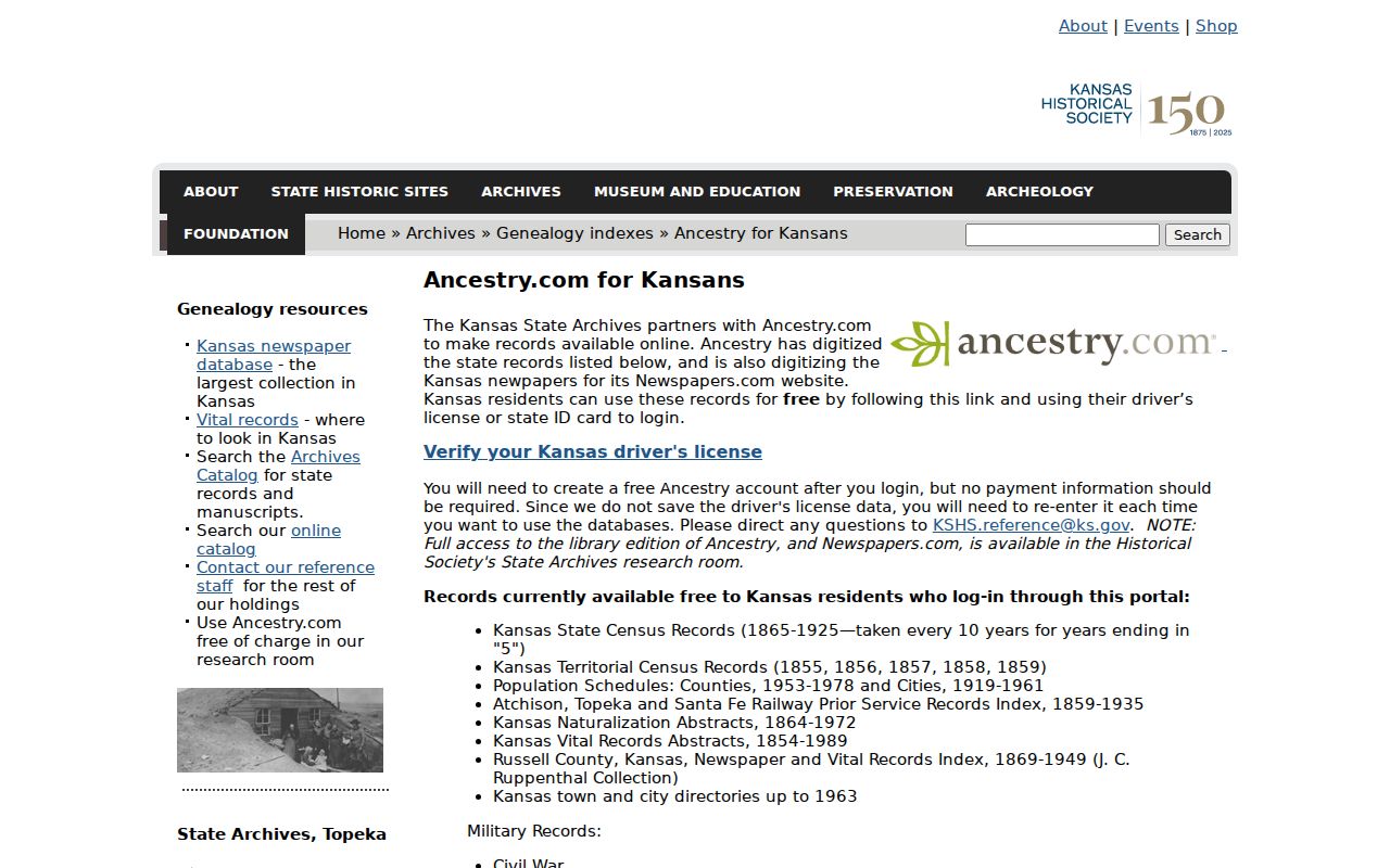 Kansas Historical Society directory and census access information
