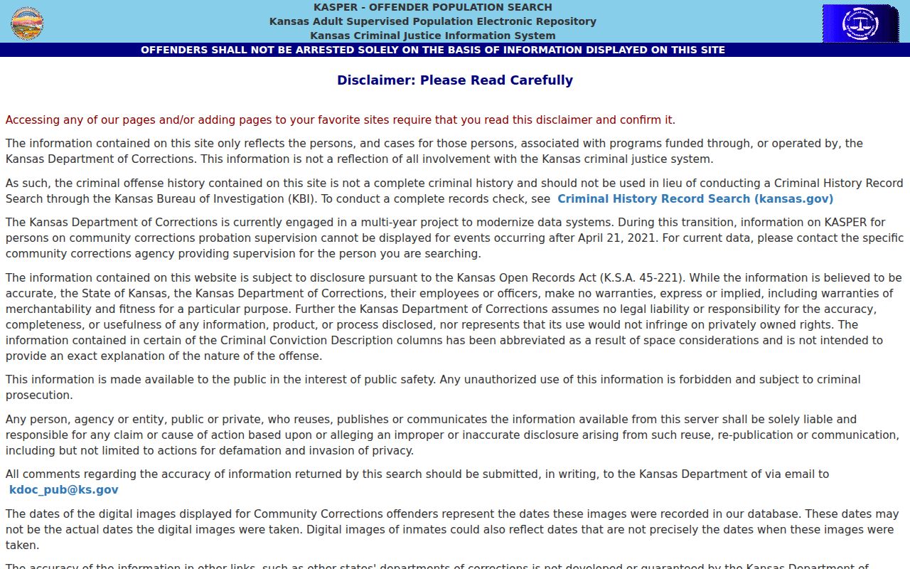 Kansas KASPER inmate and supervision search disclaimer