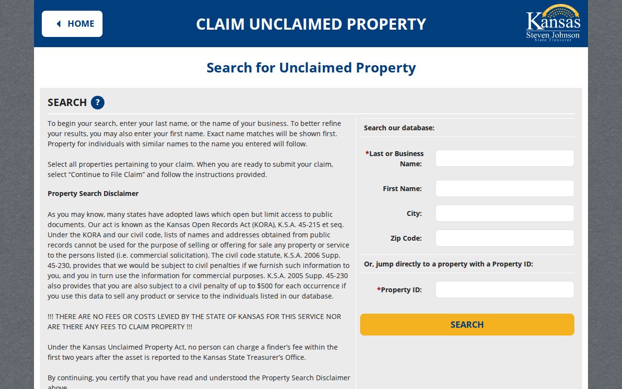 Kansas unclaimed property form used for a Hutchinson resident lookup