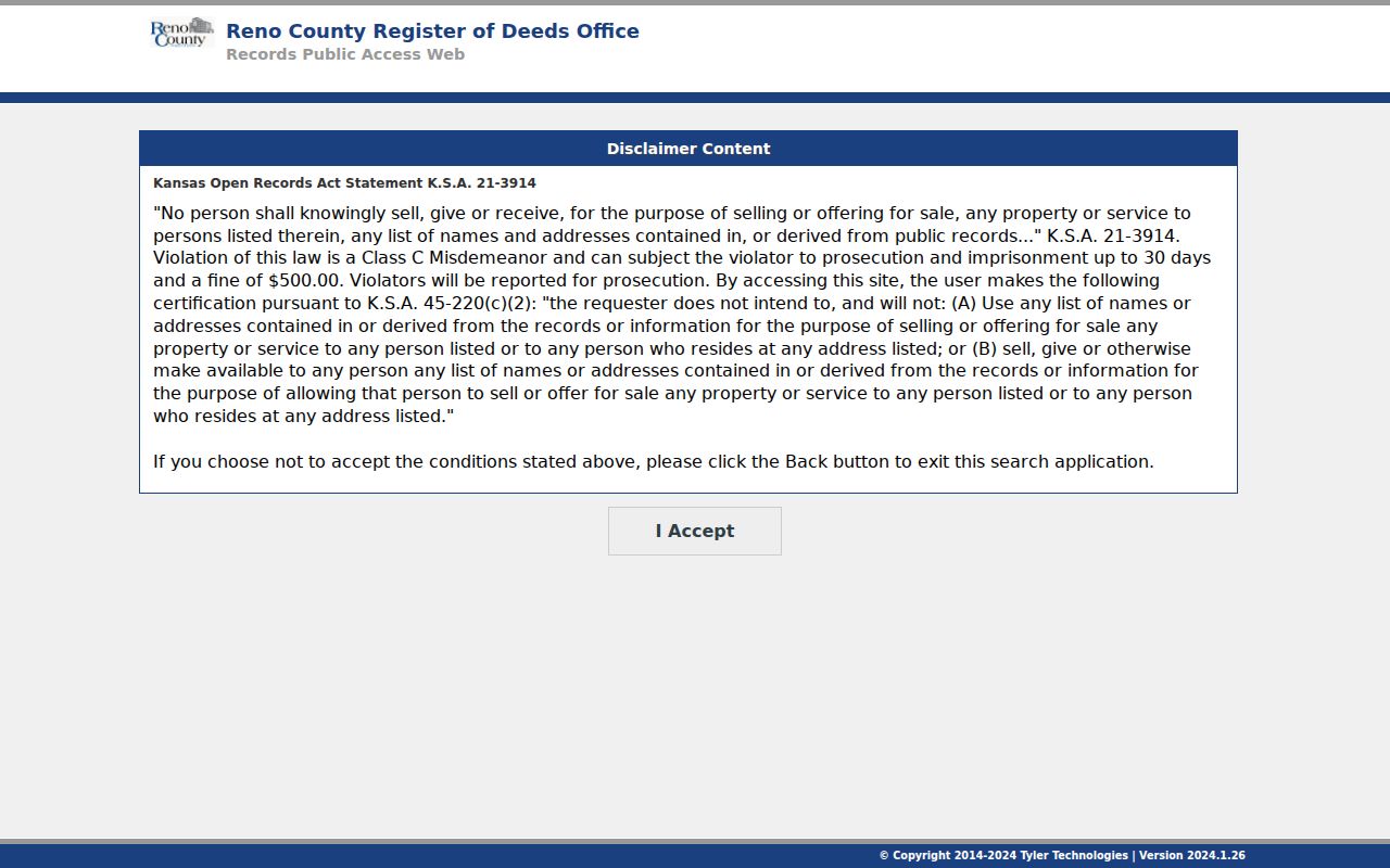 Reno County Tyler recorded land public access screen