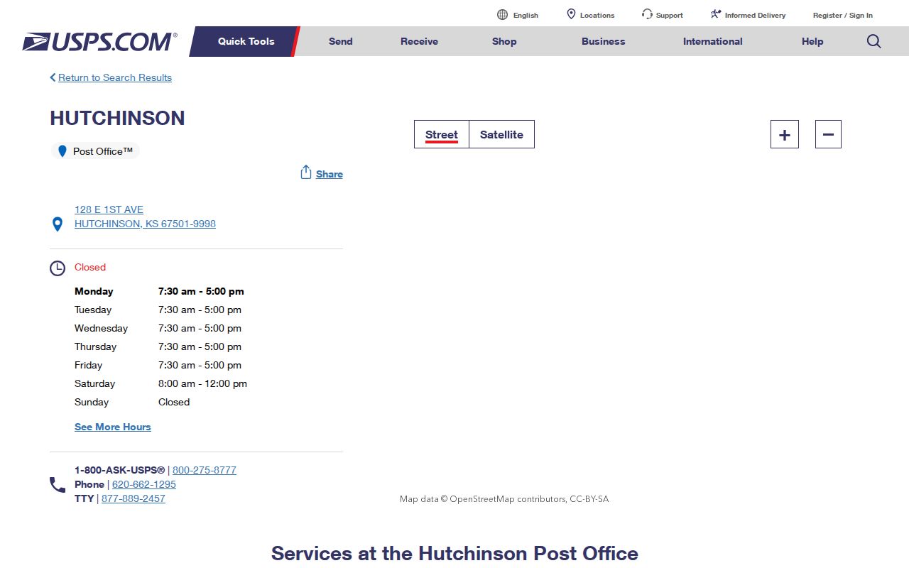 USPS Hutchinson post office details for ZIP code 67501